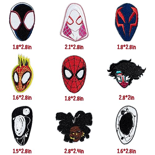 9 Pcs Amazing Spider Embroidered Patches Cartoon Superhero Across the Verse Sew Iron on Applique Decorative Repair Patch DIY Craft Accessories Gifts for Fans Costume Clothing Jacket Jeans Backpack Hat