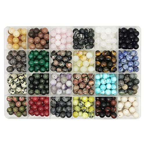 500pcs Natural Round Stone Beads Healing Energy Crystals Gemstone Beading Loose Gemstone Hole Size 1mm DIY Smooth Beads for Bracelet Necklace Earrings Jewelry Making,Box Packed (24Colors-8mm)