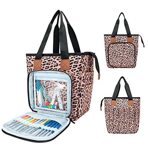 VICARKO Yarn Storage Tote, Knitting Bag, with Inner Dividers, Pockets for Crochet Hooks & Needles, 4 Grommet Holes, Project Storage, Zipper Closure Cover, Shoulder Bags, Animal Print