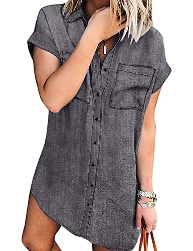 Women Denim Shirt Dresses Short Sleeve Distressed Jean Dress Button Down Casual Cotton Tunic Tops Grey L