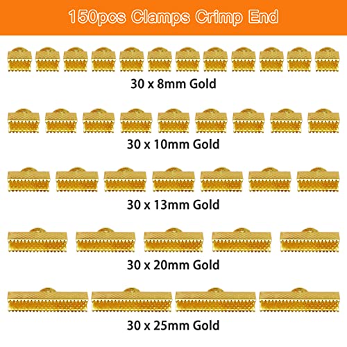 150pcs Pinch Crimp Ends for Jewelry Making,Ribbon Clamp End Bracelet Clamps Crimp Ends Leather Fastener Clasps for DIY Choker Anklets Crafts (Gold,5 Sizes)