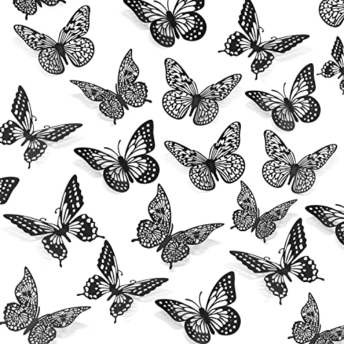 SAOROPEB 3D Butterfly Wall Decor 48 Pcs 4 Styles 3 Sizes-Butterfly Birthday Decorations&Butterfly Party Decorations&Butterfly Cake Decorations-Removable Gold Butterfly Decorations (Black)