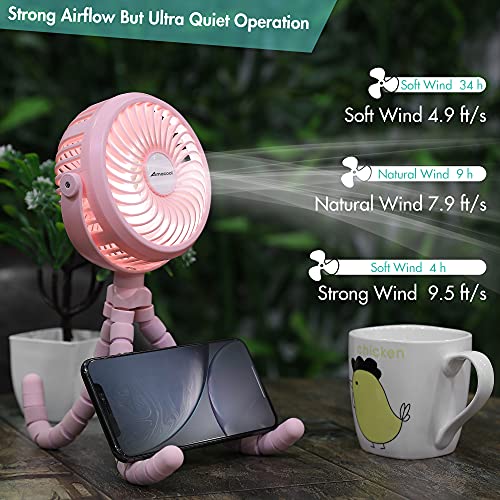 AMACOOL Battery Operated Stroller Fan Flexible Tripod Clip On Fan with 3 Speeds and Rotatable Handheld Personal Fan for Car Seat Crib Bike Treadmill (Pink)