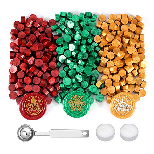 Yoption 360 Pieces Sealing Wax Beads Kit, Red God Green Christmas Sealing Wax for Wax Seal Stamp with Candles and Melting Spoon, 3 Colors