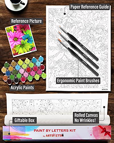 Artsy Etta Paint by Number for Adults Beginners with Letters - Adults' Paint-by-Number Kits - Paint by Numbers Flowers - Easy DIY Acrylic Painting on Canvas, Sip & Craft Art Set