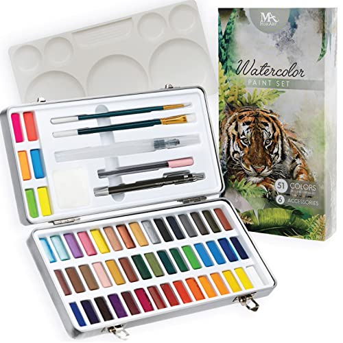 Watercolor Paints Set, 51 Watercolors and 7 Essential Painting Accessories in a portable Metal Box. Includes Classic, Neon, and Metallic Colors. A complete Travel watercolor set for Artists and Hobbyists.