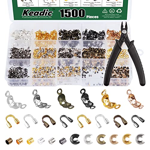 Keadic 1501 Pcs Color Assorted Jewellery Findings with Bead Crimpper Set Includes Crimp Bead Covers, Brass Tube Crimp Beads, Wire Guardian, Bead Tips Knot Covers for Bracelets Necklaces Earring
