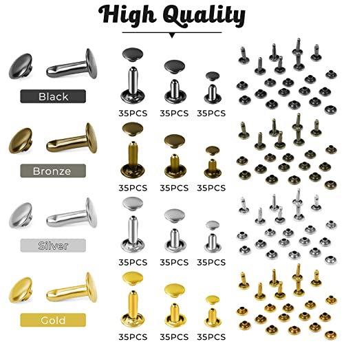 420 Sets Leather Rivets Kit, Double Cap Brass Rivets Leather Studs with 3PCS Setting Tools for Leather Repair and Crafts, 4 Colors and 3 Sizes