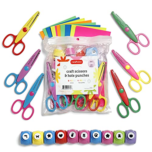 Incraftables 6pcs Decorative Pattern Edge Craft Scissors 10pcs Small Paper Hole Punch Shapes 10pcs Colorful Papers. Best for Fun DIY Scrapbooking Crafting Projects for Kids Adults.