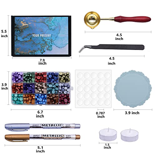 SWANGSA Wax Seal Beads Kit with Gift Box, 15 Color 405pcs Wax Seal Beads, 2pcs Wax Seal Metallic Pens, Silicone Wax Seal Mat and Adhesive Dots for Wax Seal