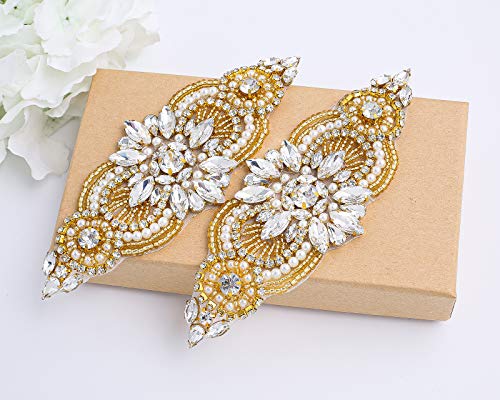WEZTEZ Crystal Rhinestone Applique Patch with Beaded Pearls Embellishments DIY Sewing Appliques for Dress Headpieces Garters Shoes（Gold，2pcs）