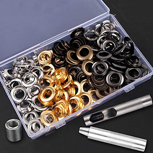 1/2inch Grommet Kit 100 Sets Grommets Eyelets with 3 Pieces Install Tool Kit, 4 Colors Grommets Kit with Storage Box for Craft Making, Repair and Decoration