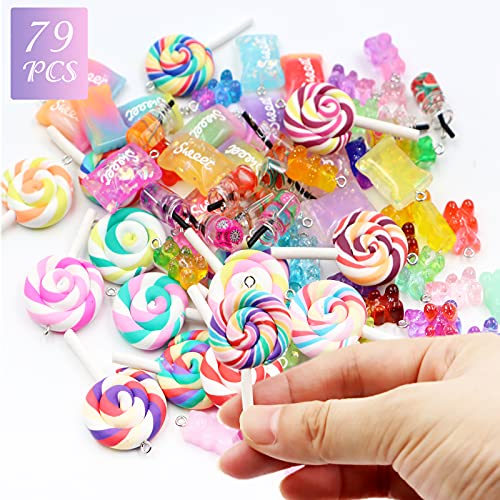 ZOCONE 79 PCS Colorful Candy Pendant Charm, Cute Resin Charms for Jewelry Making with Gummy Bear Charms, Candy Charms, Lollipop Charms for Girls, Resin Supplies for DIY Crafts Decoration