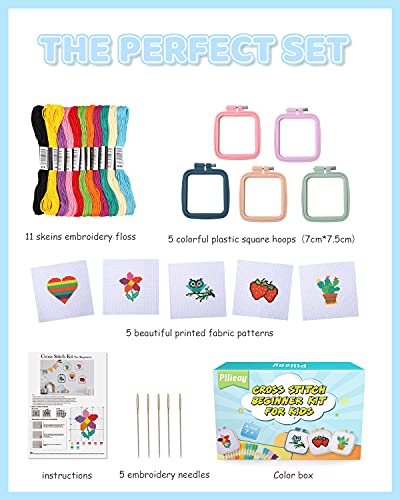Pllieay 5PCS Cross Stitch Kits for Beginners for Kids 7-13, Includes 5 Project Patterned and 5pcs Square Embroidery Hoops, 11 Skeins, Needle Point Starter Kit Sewing Set with Instructions