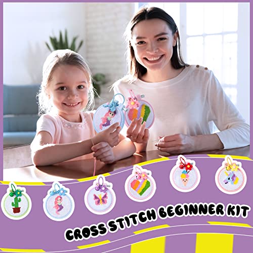 6 Sets Cross Stitch Beginners Kits for Kids 7-13, Embroidery Starter Kits Stamped Cross Stitch Kits Needlepoint Starter kits for Christmas Backpack Charms with Instructions, Ornaments and Needle Craft