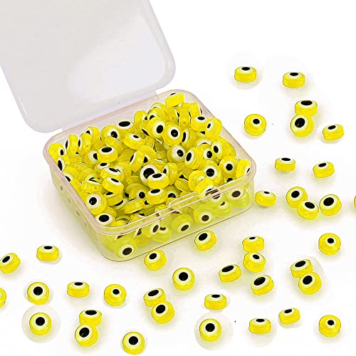 Biuthieny 200pcs 8mm Evil Eye Beads, Spacer Beads and Block Beads for Crafts DIY Bracelet Earring Necklace Making (Yellow)