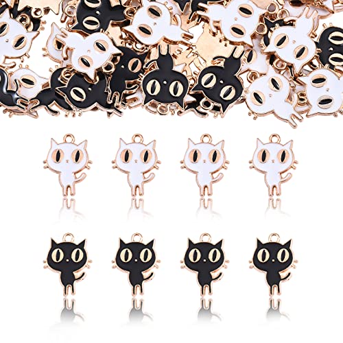 LiQunSweet 60Pcs 2 Colors White & Black Cat Alloy Enamel Small Charms Dangle Pendants for Halloween Bracelet Necklace DIY Jewelry Making - 19x14.5mm