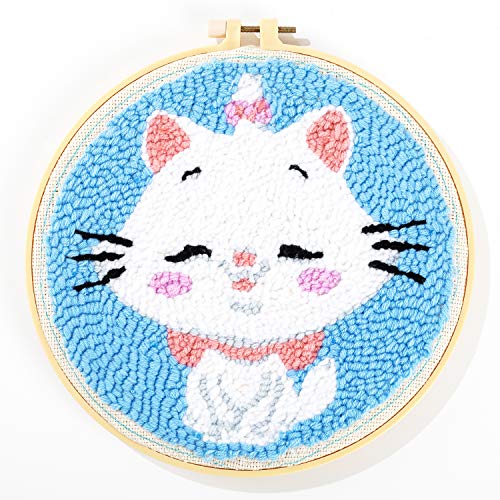 Maydear Punch Needle Starter Kit for Beginner Cartoon Rug Hooking Beginner Kit, with an Embroidery Pen and 9.8'' Hoop - White cat