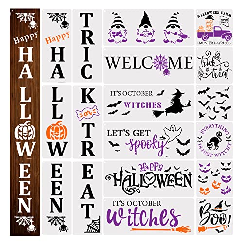 AIEX 18pcs Halloween Stencils for Painting on Wood Reusable Happy Halloween Stencils Trick or Treat Welcome Porch Sign Stencils Pumpkin Ghost Bat Witch Templates for Home DIY Decorations