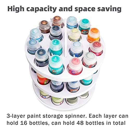 SANFURNEY 3-Tier Spinning Paint Organizer Rack for 48 Bottles, Rotating Tower Craft Paint Storage Holder Stand, Compatible with Citadel Paints