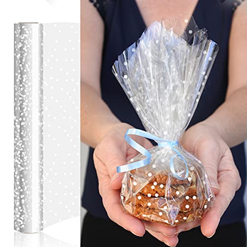 HFHSY (118 ft x 34 in Clear Cellophane Wrap Roll Irregular White Dot Cellophane Roll 3 Mil Clear Wrap Cellophane Bags,Wrap Roll, Cellophane Roll, Cellophane Wrap for Gifts, Baskets, Flowers