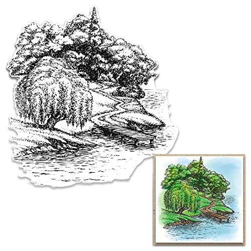 Tree River Background Clear Stamps for Card Making and Photo Album Decorations, Willow Path Natural Scenery Transparent Rubber Stamps Seal for DIY Scrapbooking