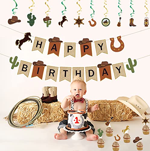 Western Cowboy Party Decorations, Western Theme Birthday Decoration, Cowboy Birthday Banner Cake Topper Hanging Swirls Western Party Supplies Kit for Boys