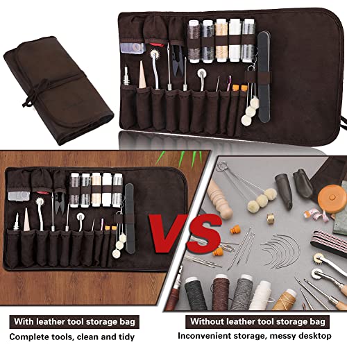TLKKUE Leather Working Tools Leather Sewing Kit Leather Craft Tools with Storage Bag, Groover, Stitch Wheel, Waxed Threads, Awl, Needles, Manual, Leather Making Kit for DIY Sewing Craft Projects