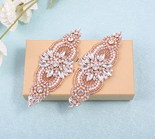 WEZTEZ Crystal Rhinestone Applique Patch with Beaded Pearls Embellishments DIY Sewing Appliques for Dress Headpieces Garters Shoes (Rose Gold, 2 pcs)