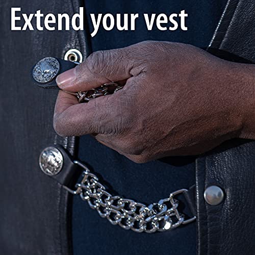 Diamond Plate 4-Piece Vest Extender Set - Chrome Finish Chains, Faux Leather Ends, Nickel Button with Buffalo Engraving - Attaches to Most Vest Sizes - 6.5 Inch Extensions