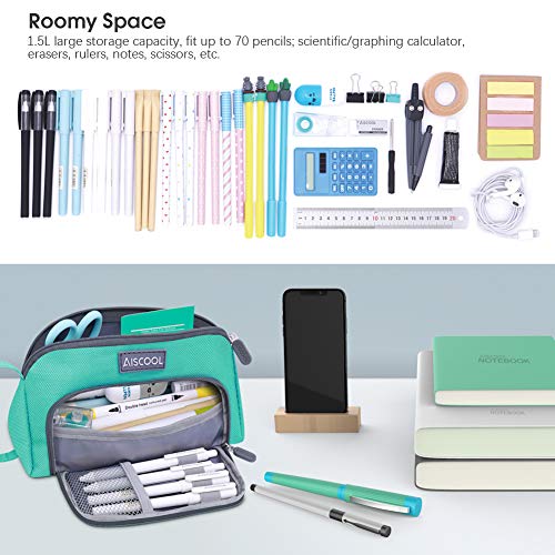 Aiscool Big Capacity Pencil Case Bag Pen Pouch Holder Large Storage Stationery Organizer for School Supplies Office College (Green)