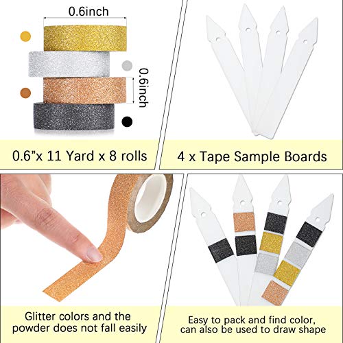 88 Yards Glitter Washi Tapes Set Decorative Crafting Tapes Masking Tape with Tape Sample Boards for Planners Scrapbooking Wrapping Decoration Supplies, 15 mm (Black, Silver, Gold, Rose Gold)