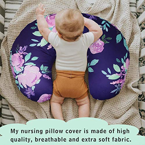 Purple Floral Nursing Pillow Cover, Breastfeeding Pillow Slipcover for Baby Boys & Girls, Nursing Pillow Case for Newborn, Soft Fabric Fits Snug On Infant, Washable & Breathable, Watercolor Flower