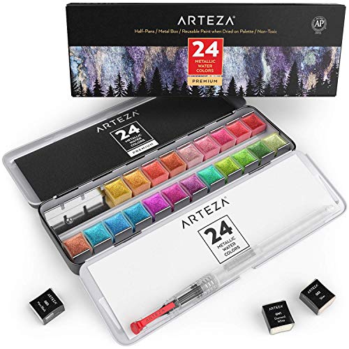 Arteza Watercolor Paint Assorted, 24 Count (Pack of 1), Metallic