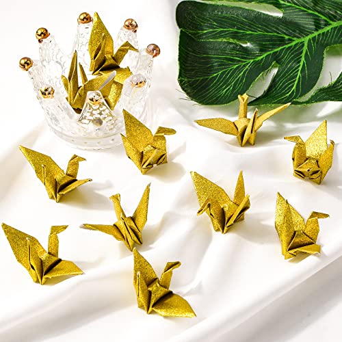 WANDIC 50 Pcs Origami Paper Cranes, Handmade Folded Origami Paper Crane String Garland for Wedding Party Backdrop Home Decoration, Glitter Gold