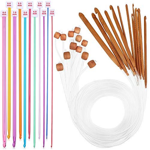 23 Pieces Tunisian Crochet Hooks Set 3-10 mm Cable Bamboo Knitting Needle with Bead Carbonized Bamboo Needle Hook 2-8 mm Assorted Color Tunisian Afghan Aluminum Crochet Hooks (Clear Cable)