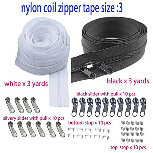 Bulk Zippers 6 Yards #3 Nylon Coil Zippers by The Yard with 20pcs Zipper Sliders and Stops as Gift Zipper Repair Kit for Sewing Tailor Crafts Bages(Black & White)