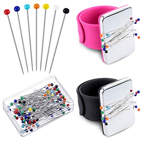 2 Pieces Magnetic Sewing Pincushion Wrist Magnetic Pin Holder with 100 Pieces Colorful Sewing Pins Glass Headed Pins for Quilting Sewing Embroidery Supplies (Black, Rose Red)