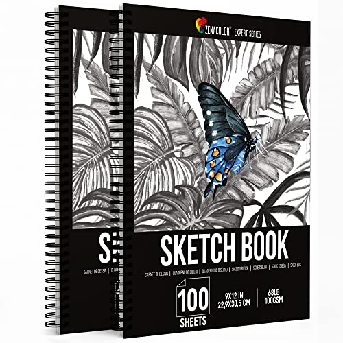 ZENACOLOR - Professional 200 Sheets Sketch Book 9"x12" with Spiral Bound and Hardback Cover - Pack of 2 - White Acid-Free Drawing Paper (100 g)