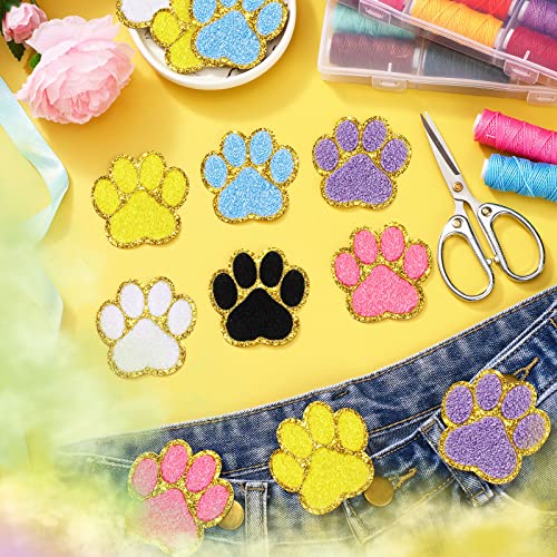 24 Pcs Self Adhesion Paw Print Patch Sticker Iron on Cat Dog Pet Paw Patches Footprint Appliques Iron on Transfers Sew on Chenille Patch Repair Embroidery for Clothing (Multicolor)