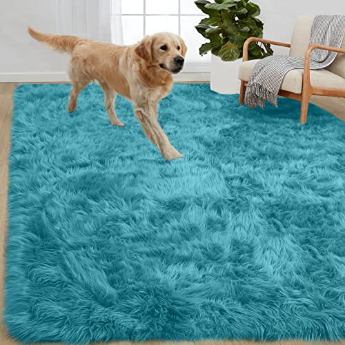 Gorilla Grip Fluffy Faux Fur Area Rug, 5x7, Rubber Backing, Machine Washable Soft Furry Rugs for Living Room, Bedroom, Baby Nursery Decor, Durable Fuzzy Throw Carpet for Dorm Floor, Turquoise