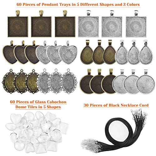 Pendant Trays with Glass Cabochons for Jewelry Making, Anezus 90pcs Pendants Trays Set Including 30pcs Bezel Pendant Trays Blanks, 30pcs Glass Cabochons and 30pcs Necklaces Cords for Necklace Making