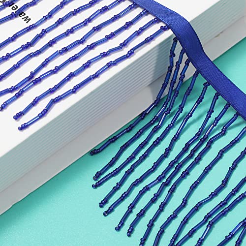 AWAYTR 1 Yard Beaded Fringe Trim - 3.5in Wide Glass Beaded Fringe for Dress Clothing and DIY Crafts (Royal Blue)