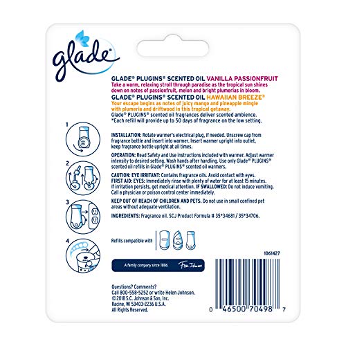 Glade PlugIns Scented Oil Refill, Hawaiian Breeze & Vanilla Passion Fruit, Essential Oil Infused Wall Plug In, 1.34 fl oz, 2 ct