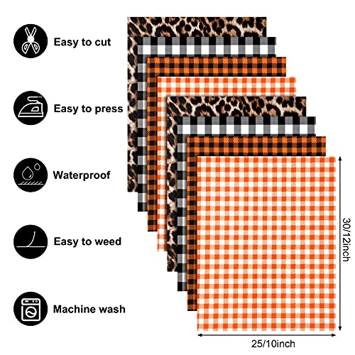 8 Sheets Halloween Buffalo Plaid Iron-on Vinyl HTV Fall Assorted Leopard Pattern Iron on Vinyl for DIY Halloween Costume Party with Pumpkin Bat Pattern 12 x 10 Inch (Red, White-Black, Orange, Leopard)