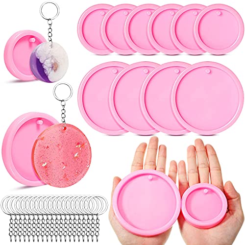 10 Pieces Round Keychain Mold Silicone Resin Molds Circle Keychain Pendant with Hole with 20 Pieces Key Rings Jewelry Making Epoxy Casting Fondant Baking for DIY Crafts (Pink, 2 Sizes)
