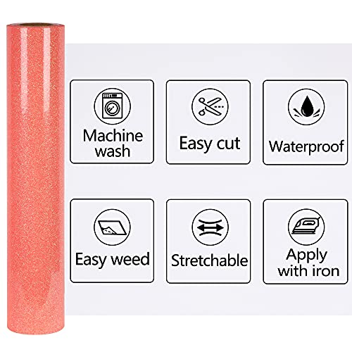 SHOMKIEE Orange Glitter HTV Heat Transfer Vinyl Rolls 12inch by 6feet PU Stretch Iron on Vinyl for T-Shirt for Silhouette and Cameo (6ft, Glitter Orange Red)