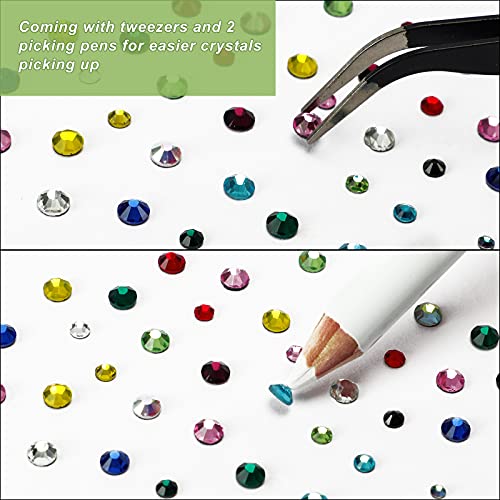 OUTUXED 5400pcs Multicolor Rhinestones 12 Mixed Color Hotfix Rhinestones Flatback Gemstones and Crystals for Crafts, Clothes with Tweezers and 2 Picking Pens