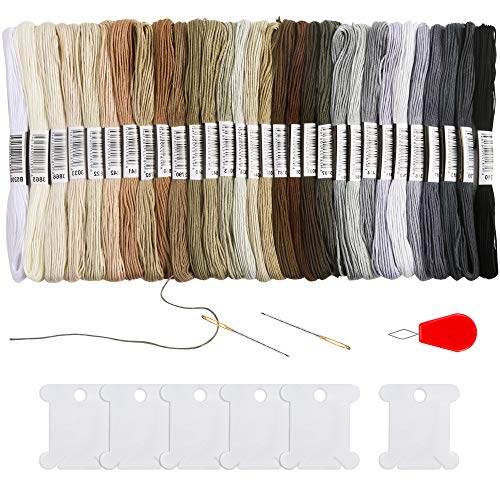 Pllieay 30 Skeins Black to White Gradient Grey Embroidery Floss, Cross Stitch Threads Friendship Bracelets Floss with 6 Floss Bobbins, 2 Embroidery Needles and Needle Threader