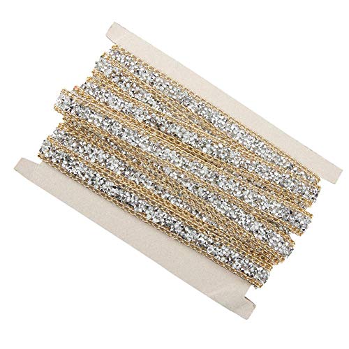 Akozon Diamond Ribbon Gold Rhinestone Trim 5 Yard 15mm Gold Edge Silver Diamond Wrap Roll Ribbon Decor for DIY Sewing Craft